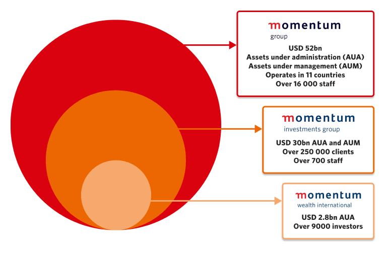 An infographic explaining how Momentum Wealth International relates to Momentum Investments, part of the Momentum Group.